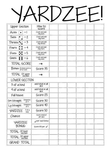 Yardzee Score Sheet Printable